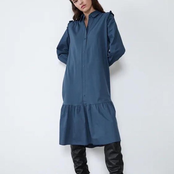 ZARA Ruffle-Shoulder Blue Shirt Dress – Size S - Picture 4 of 4